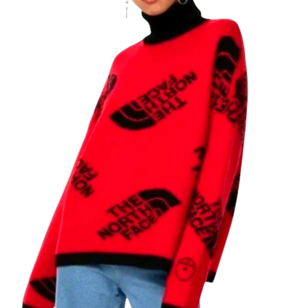 The North Face Logo Heavy 100% Merino Black/Red Knit Top Sweater Size L